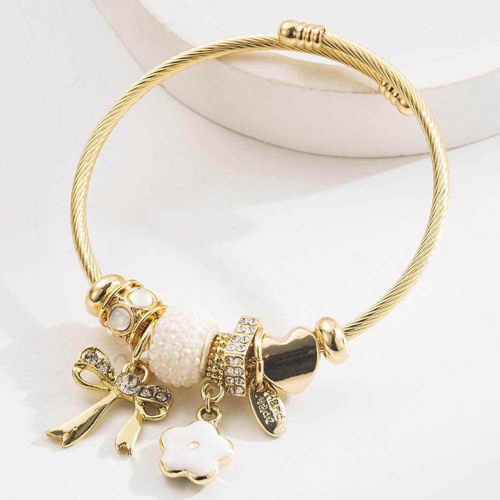 Stainless Steel Bow Heart Geometric Diamond Bracelet - Versatile, Fresh, and Beaded for Women