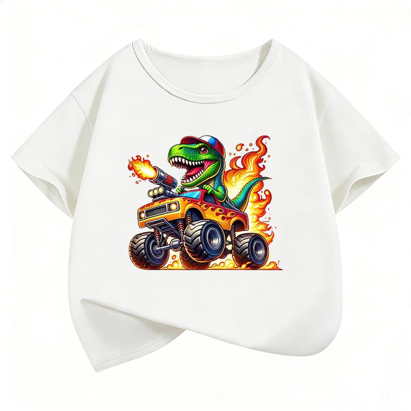TShirt Kawaii Dinosaur with Car Printed T Shirt Boy Summer Clothes Short Sleeve Tops TShirts Cute Girls Clothing Kids
