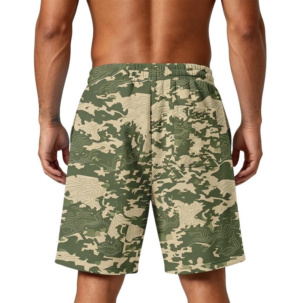 Herren lockere Camouflage-Print Sportshorts mit Taschen für Fitnessstudio Training Laufen Strandbekleidung Kordelzug Taille