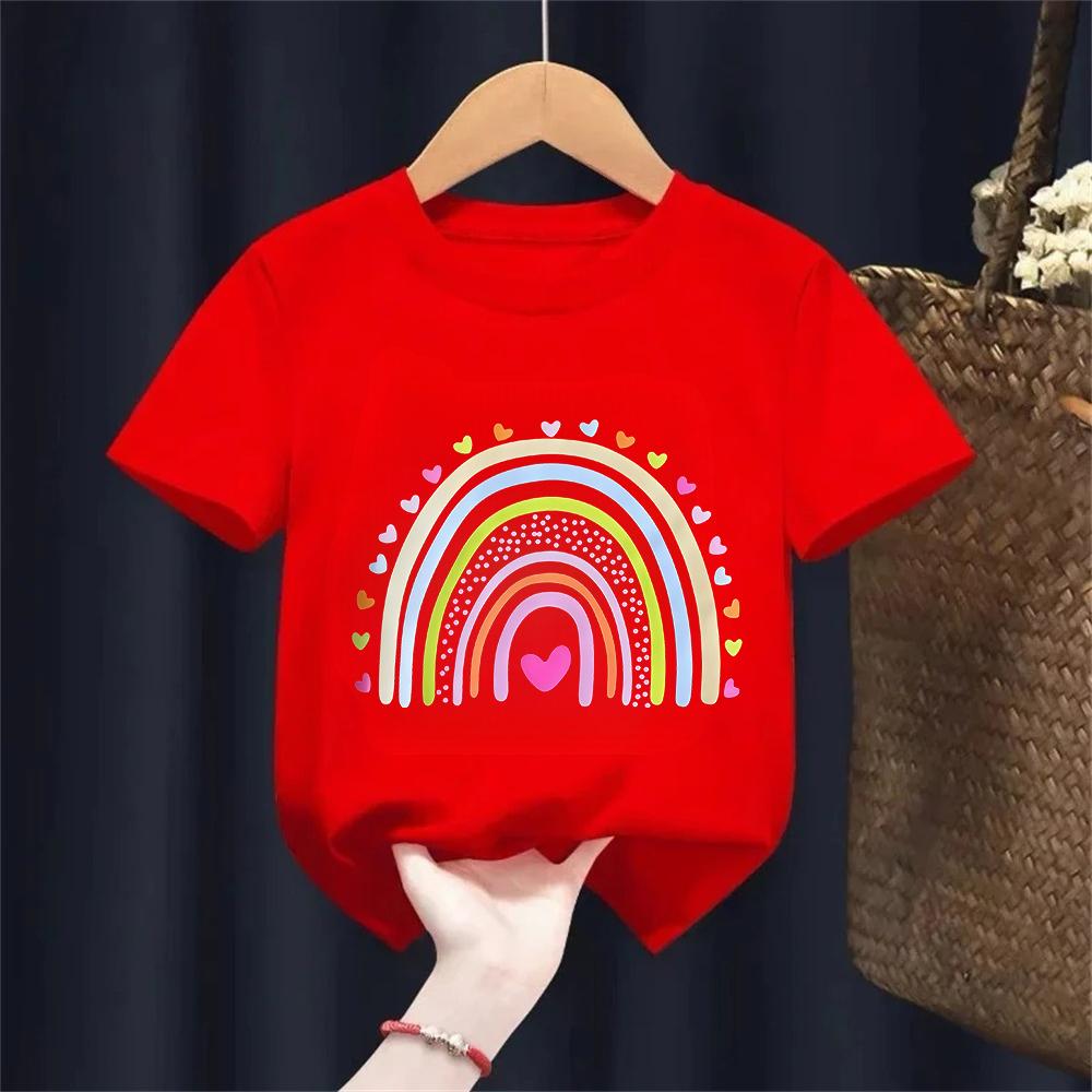 Summer Baby Girl Black Clothes Kid Girls Casual Heart Rainbow Printed Tshirts Children Fashion Crew Neck Short Sleeve Top 110