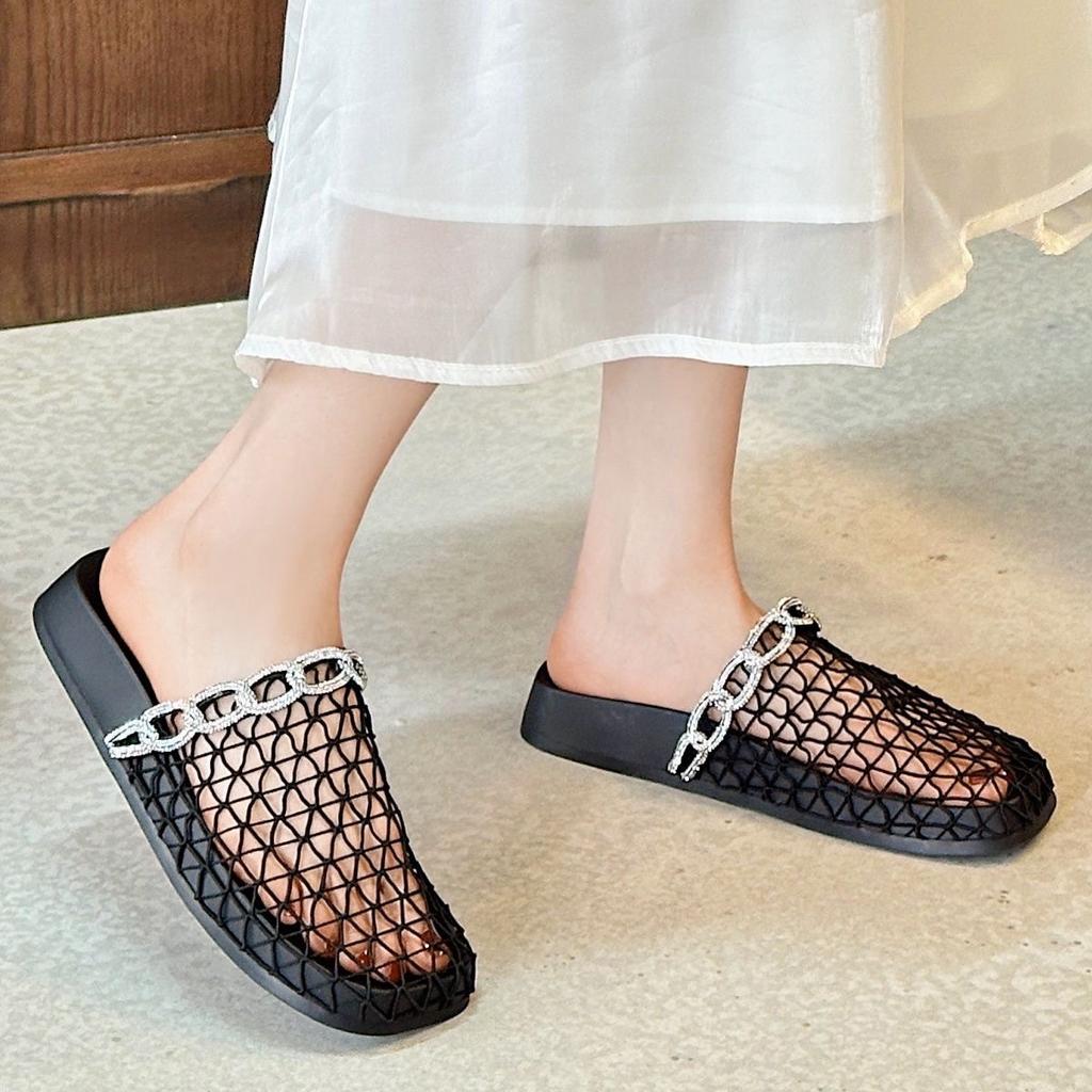 Baotou Fishing Net Half Slippers Women's Outer Wear 2025 Summer New Thick-soled Roman Hollow Breathable Comfortable Beach Cool Slippers