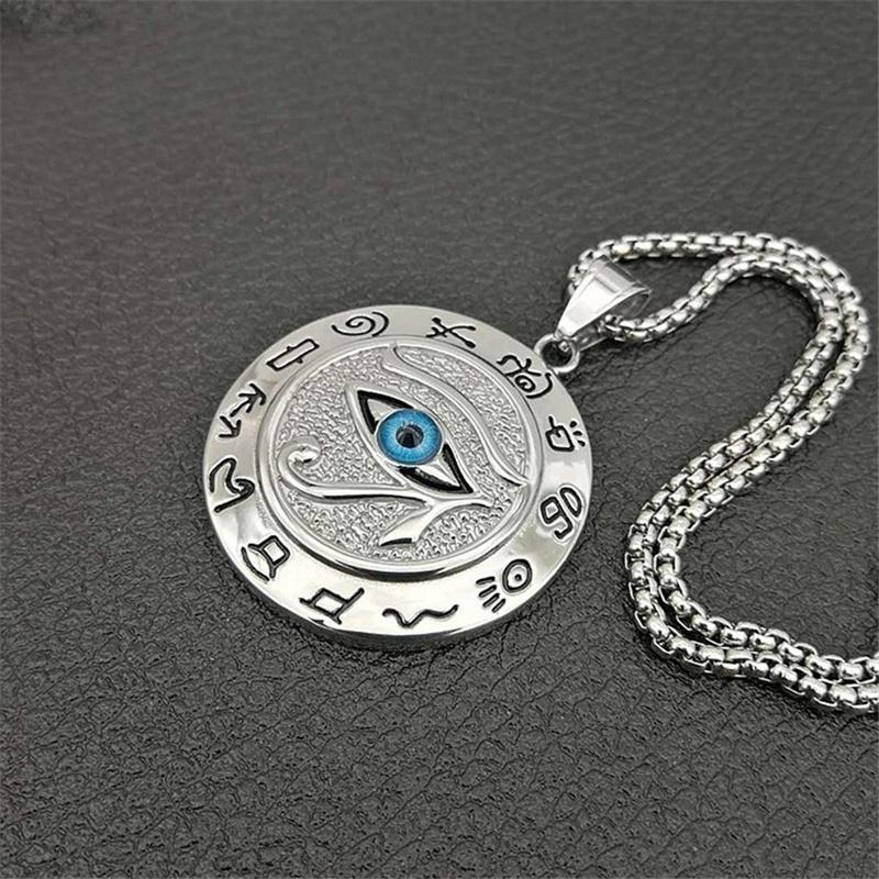 Eye of Horus Muslim Rune Pattern Round Pendant Necklace Men's Necklace Sliding Pendant Metal Necklace Amulet Accessory Jewelry