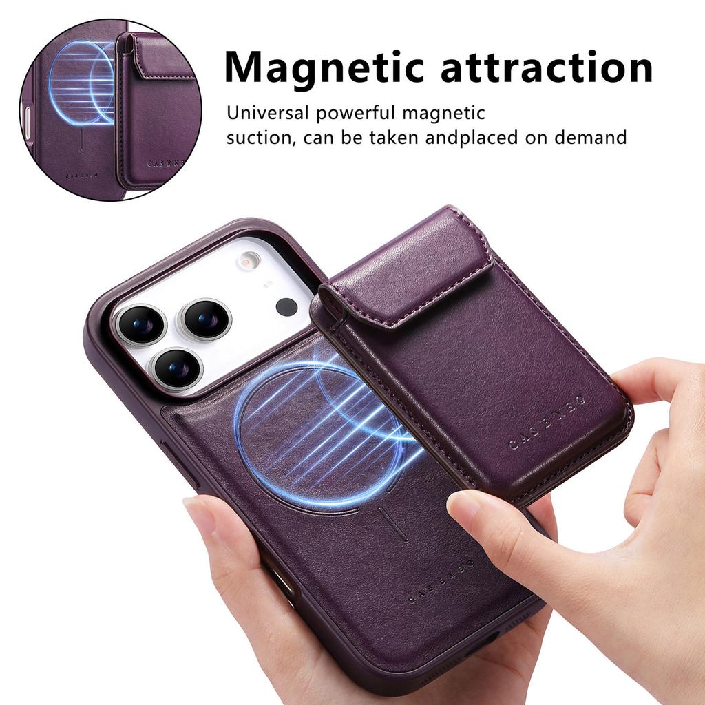CASENEO For iPhone 17 Pro Magnetic Case PU Leather PC Phone Cover with Detachable Card Holder Kickstand Compatible with MagSafe