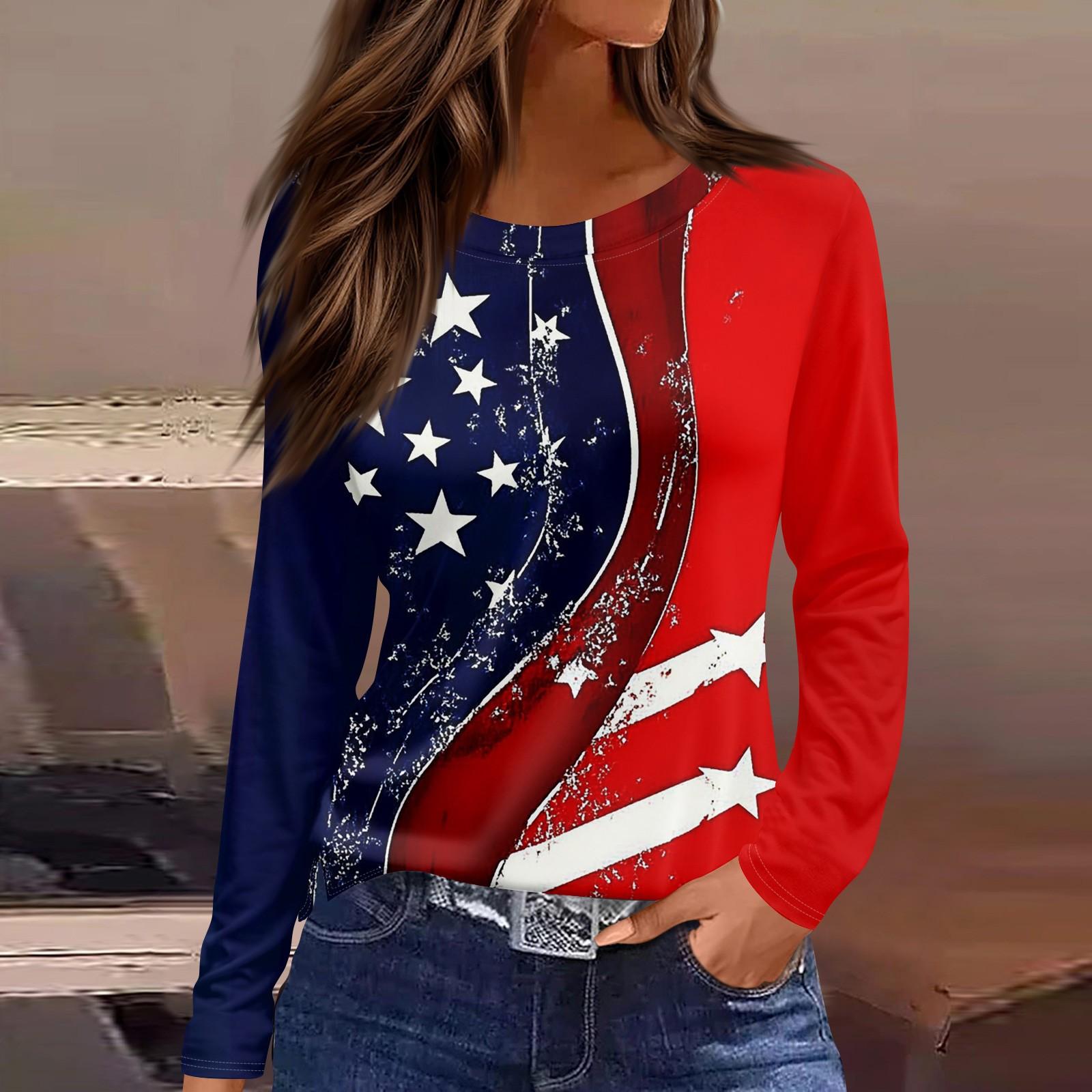 

Женская мода с разрезом по низу и принтом «День независимости» с круглым вырезом и длинными рукавами XXL красный