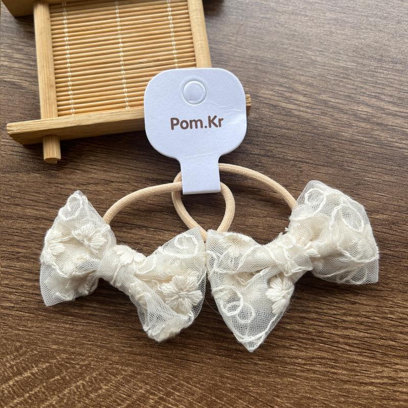2pcs/set Beige Color Cute Lace Bow Hair Ties for Girls Fashionable Stretch Versatile Kids Ponytail Holders with Floral Lace Trim