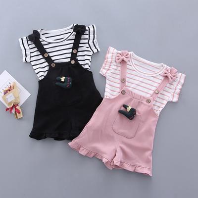 Estate Bambina A Righe cotone manica corta+Pantaloncini decorativi con coniglietto Abito da bambina
