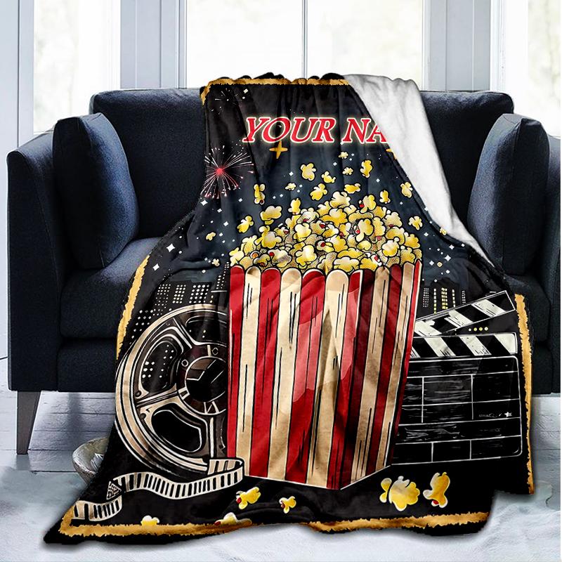 1PC Custom Name Movie Night Popcorn Party Outdooor Flannel Blankets Patterns Throw Blanket All-Season Soft Gift for Couch, Bed, Camping Gifts