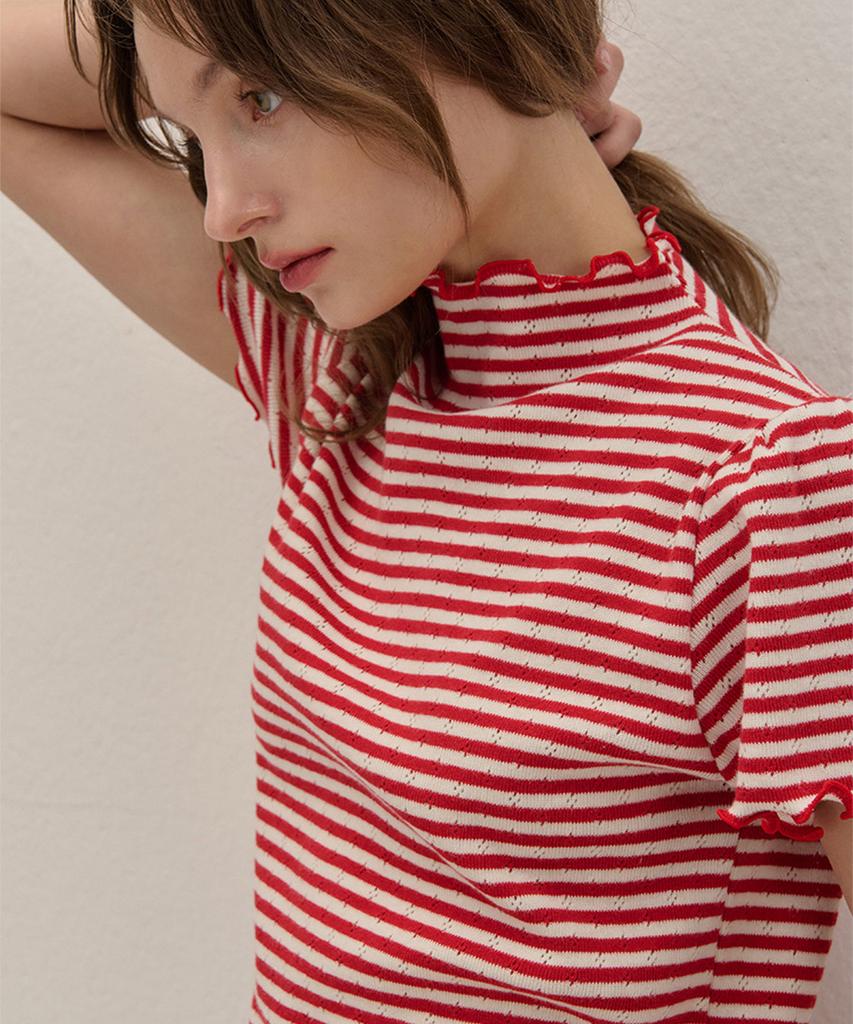 Kamino Striped Half-Neck Shirred Knit Red