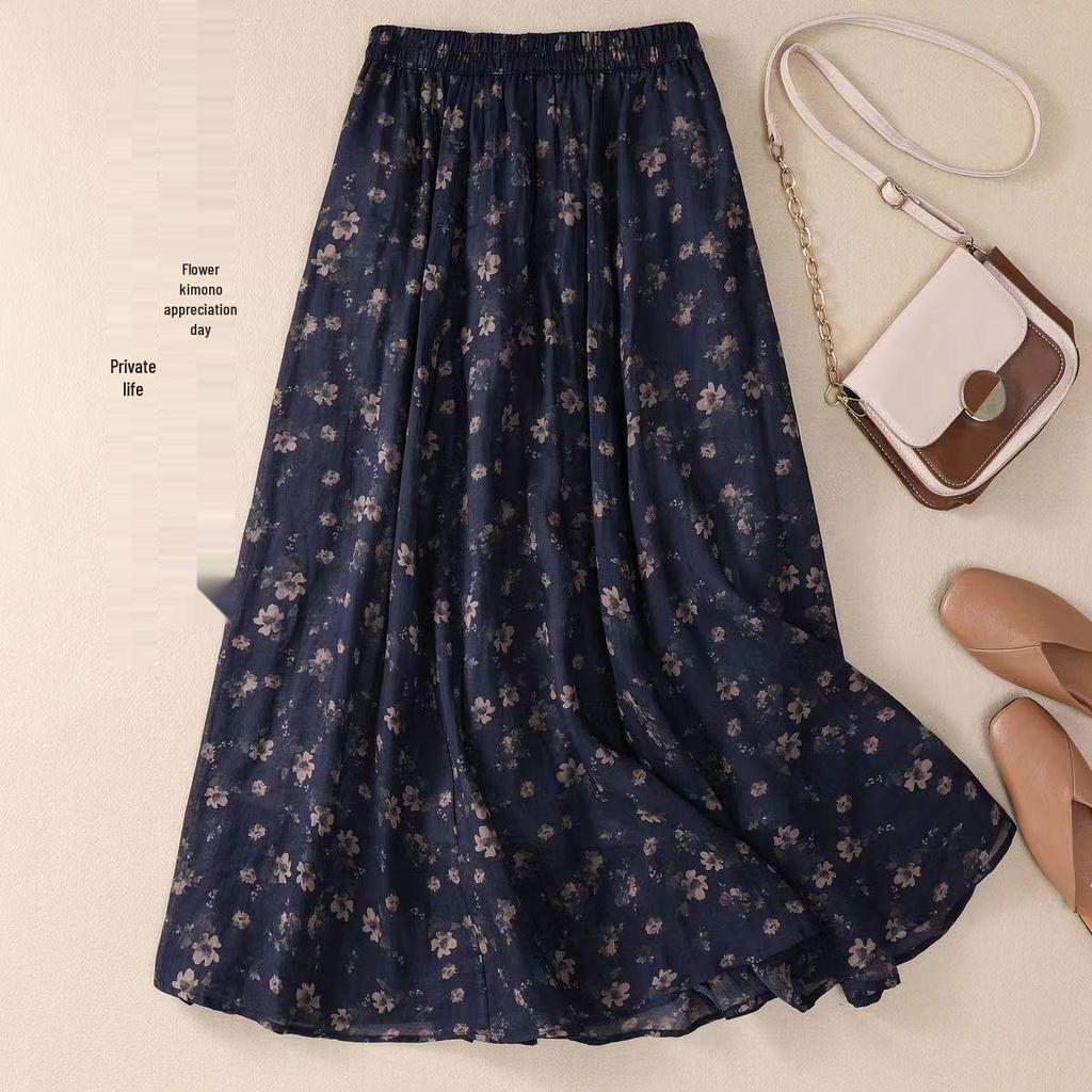 Damen A-Linien Rock mit Blumenmuster: Elastischer Bund, Schlankmachend, mit Taschen