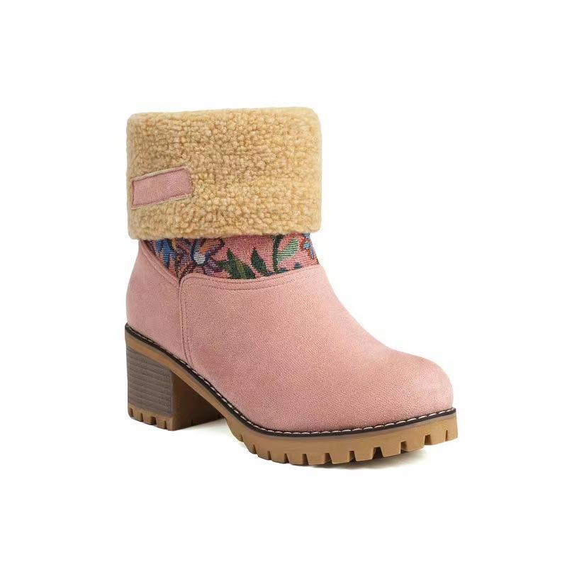 Women's snow boots suede autumn and winter new thick-soled waterproof table thick heel high heel warm cotton shoes flower splicing short boots