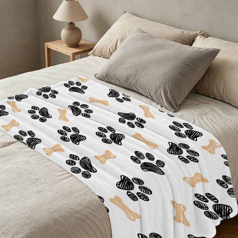 Pet Themed Flannel Blanket – Lightweight Soft Warm, Black Gold Paw Prints & Bones, Cozy Home Sofa Nap, Window Seat Decor for Christmas Halloween