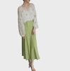 JOJOZ Vintage Tencel Shirt with Apricot Floral Embroidery & Green Leaf Tie-Up Lantern Sleeves - Perfect for Spring/Summer.