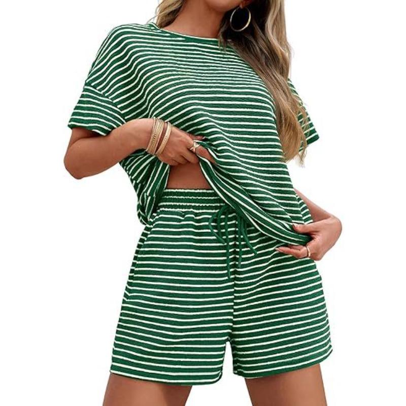 Women Striped Two Piece Outfit, Short Sleeve Top and Shorts Set, Fashion Casual Outerwear Summer Matching Suit