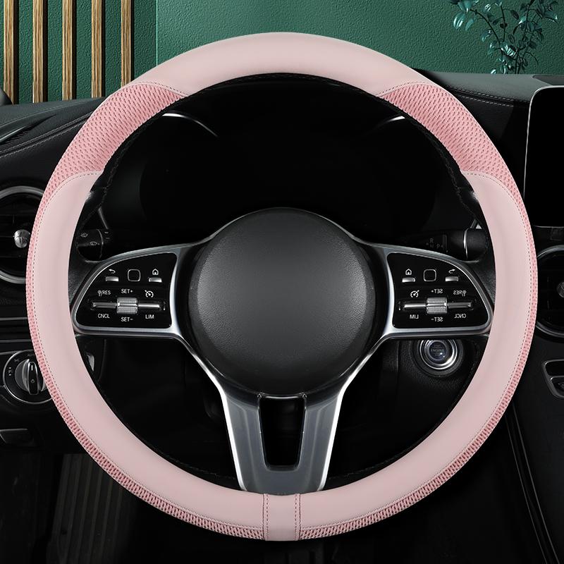 Car Steering Wheel Cover Premium Leather Stitched with Breathable Mesh Fabric FIt for 14.5-15 Inch All Seasons Universal