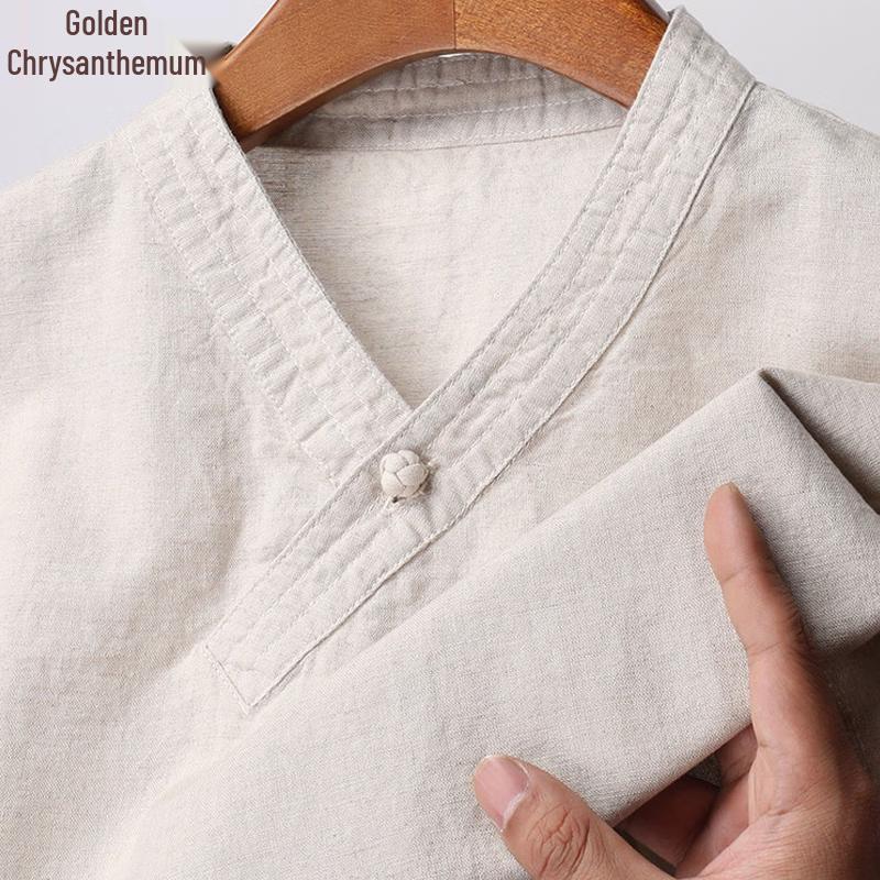 Jinjv Men's V-Neck Linen Blend Short Sleeve T-Shirt