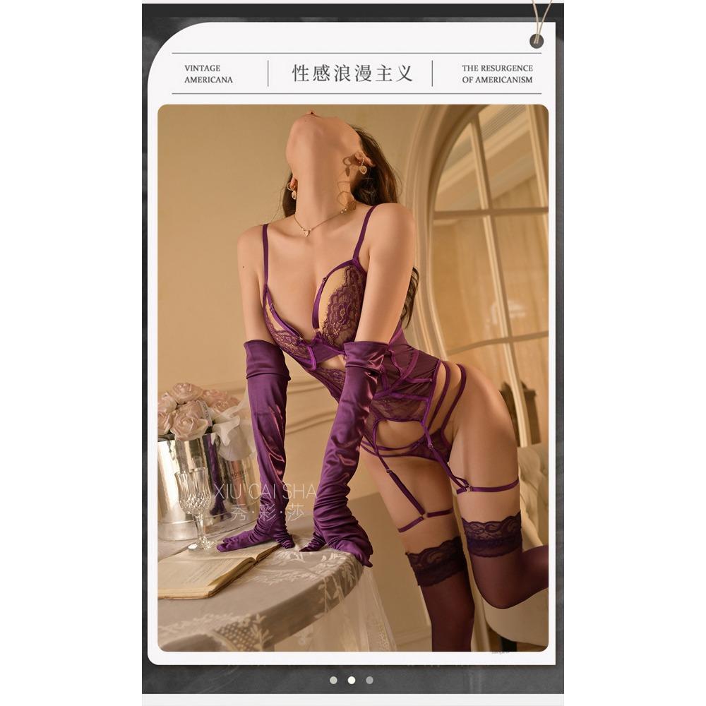 Purple Erotic Underwear Small Breasts Gather Perspective Pajamas 2025 New Sexy One-piece Garters Qqny Female Temptation