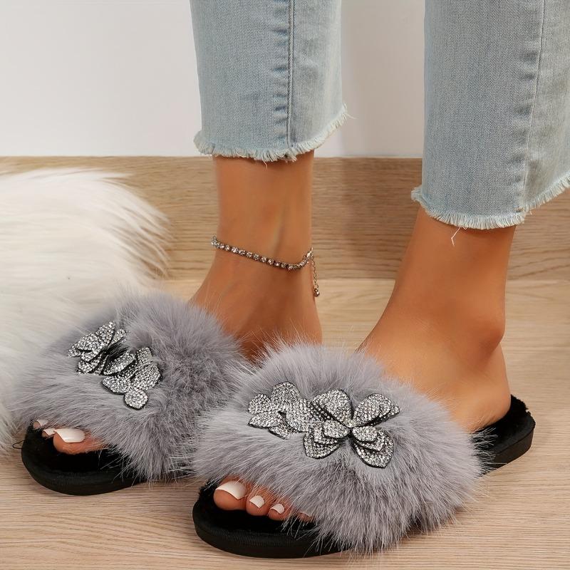 Women'S Sexy Solid Color Slip-On Slippers with Glittery Bow Detail - Soft Fabric Upper & TPR Sole, Indoor/Outdoor Winter Comfort for Home