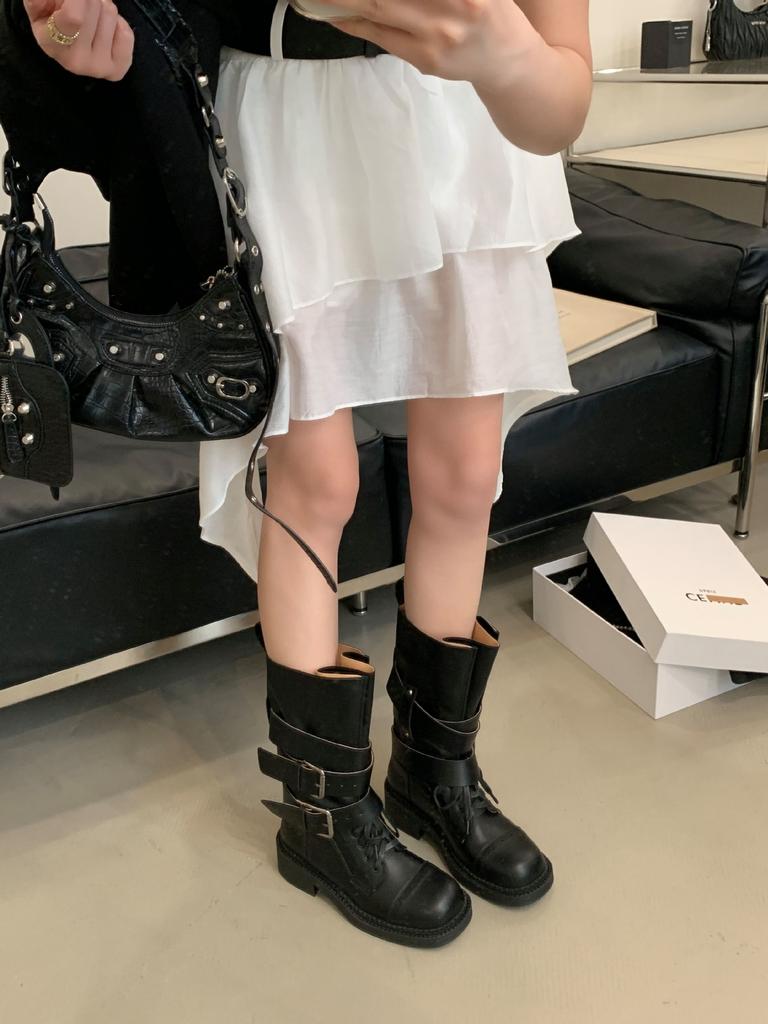 2025 autumn and winter new dark wind belt buckle locomotive boxing boots women's thick-soled retro wind tube knight boots women