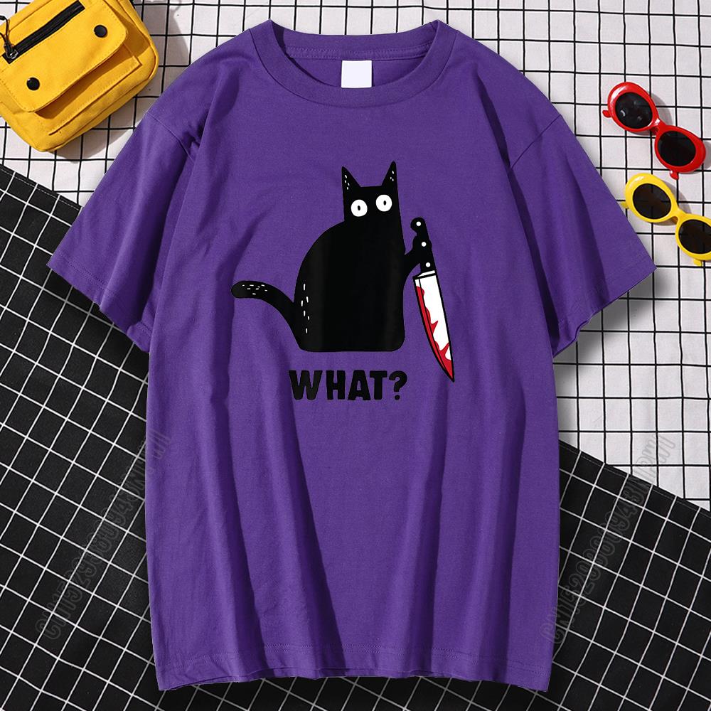 

Футболка Cat What, убийственный кот с ножом, забавный подарок на Хэллоуин, хлопковая высококачественная мужская футболка большого размера, новинка, женская футболка XXXL фиолетовый