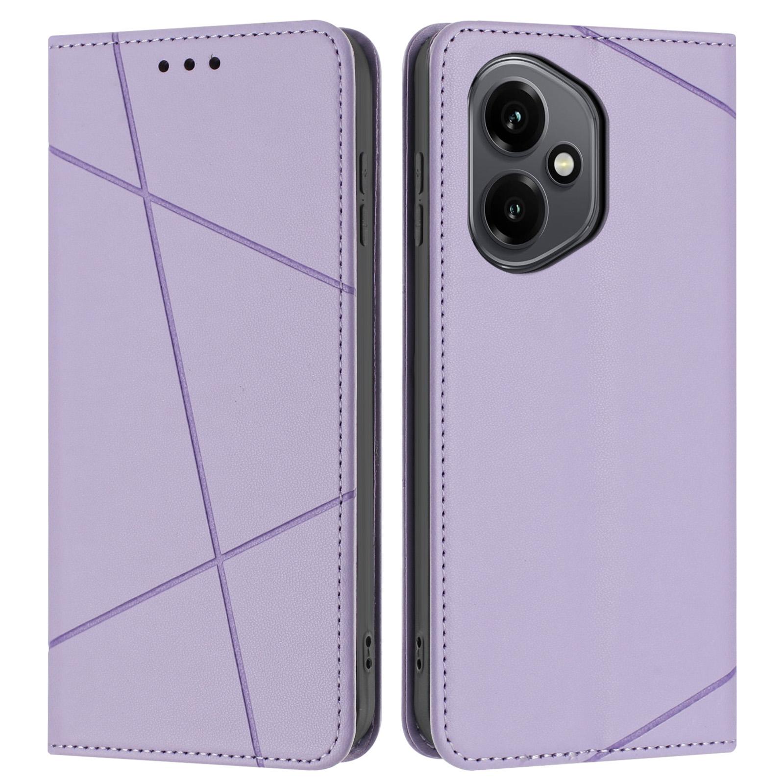 

For Honor 400 5G (Global) Wallet Case Line Imprinted Leather Stand Phone Cover with Wrist Strap Purple