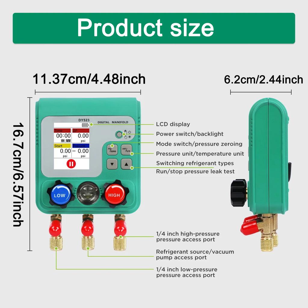 DY523 digital manifold A/C refrigerant fluoride meter vacuum pressure gauge automobile refrigerant repair vacuum meter