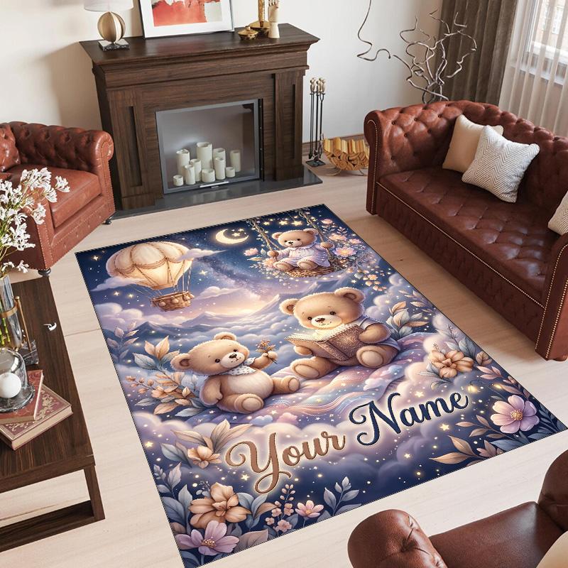 Teddy Bear Theme Crystal Velvet Rug Personalized Custom Name Text Soft Floor Mat Home Decor