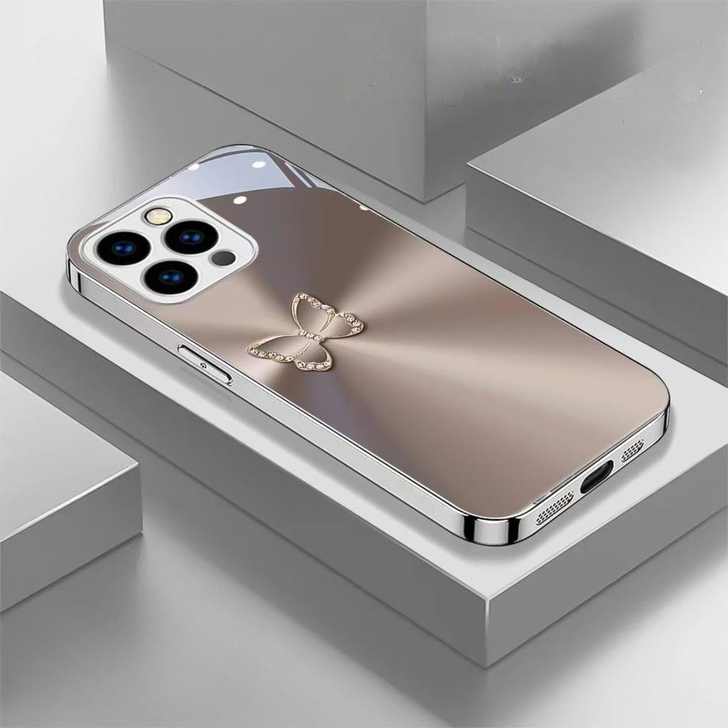 Luxury Rhinestone Golden Butterfly Metallic Gradient Phone Case for iPhone 17 16 15 14 13 12 11 Pro Max XS XR 7 8 Plus 16E