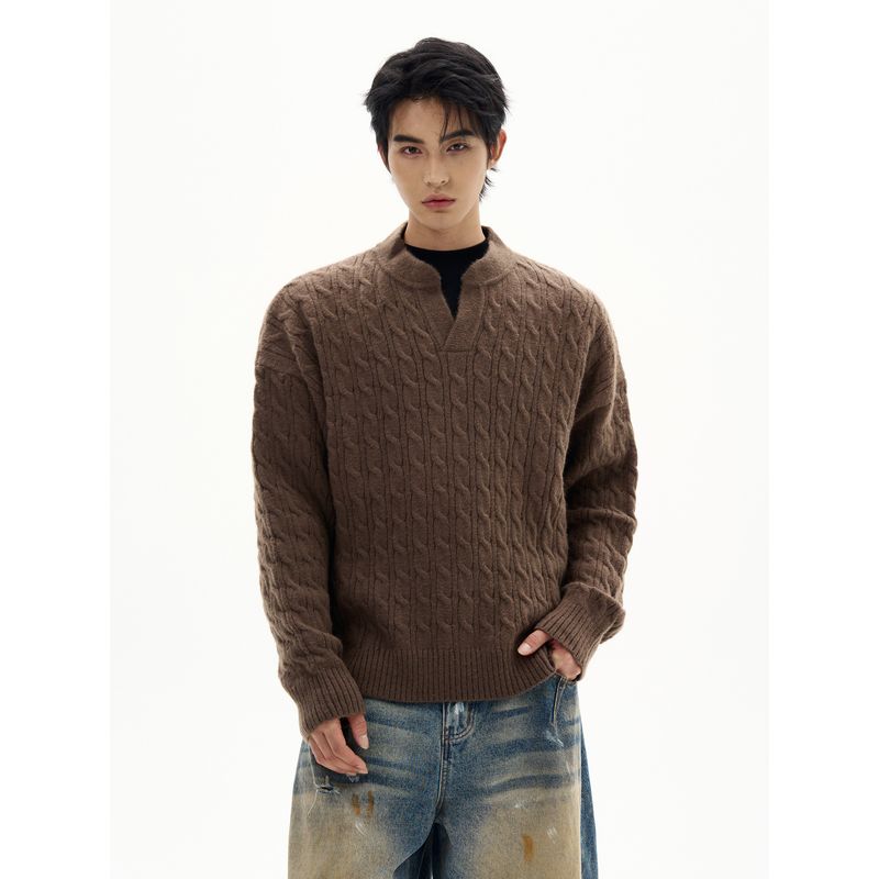 Kisko American Retro Twist Pattern Lazy V Neck Knitted Sweater for Men and Women, High-End Casual Work Clothing, Versatile Top