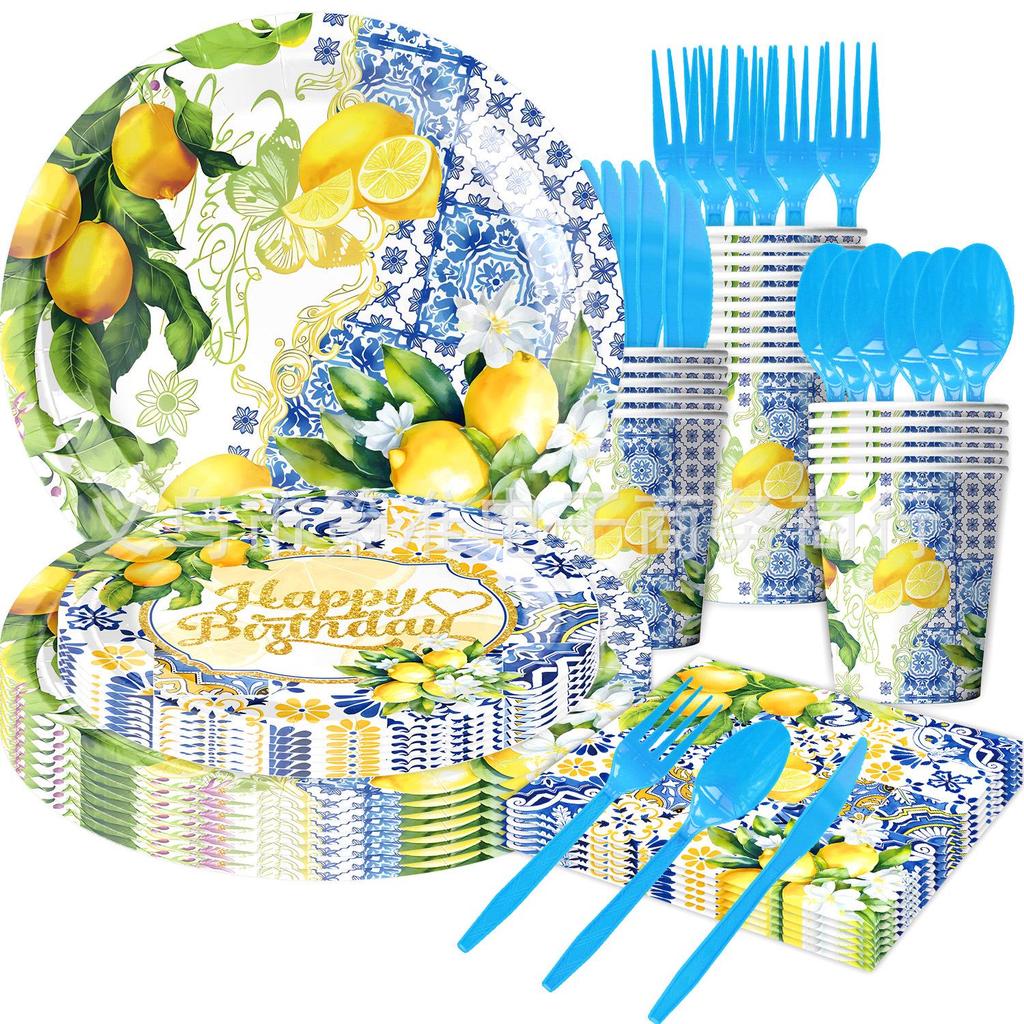 Summer Lemon Bridal Shower & Wedding Disposable Tableware Set: Tablecloth, Napkins, Plates, Decorations