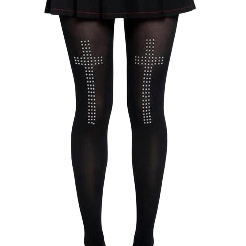 Women's Classical Black Stretchable Opaque Tights Crosses Rhinestones Embellished Pantyhose For Casual Or Party Wear
