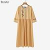 ZANZEA Women Casual Round Neck Loose 3/4 Sleeve Long Dress