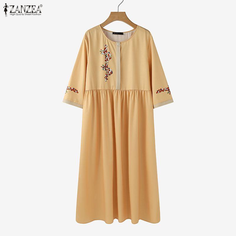 ZANZEA Women Casual Round Neck Loose 3/4 Sleeve Long Dress