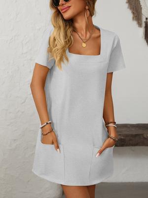 Vestido Mini Casual de Verano para Mujer 2024 de Manga Corta y Cuello Cuadrado con Bolsillos, Vestido Skater Elástico de Moda Fluido para Oficina y Uso Diario