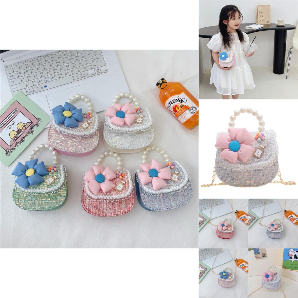 Cute Pu Leather Children's Handbag With Floral Sequins Princess Series Shoulder Bag For Toddlers