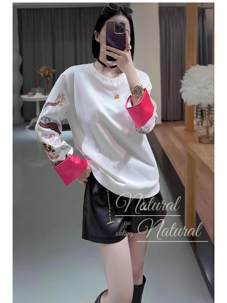 2023 Autumn Women's Acetate Spliced T-shirt: Black Dragon & Phoenix Embroidered Chinese Style Sweatshirt