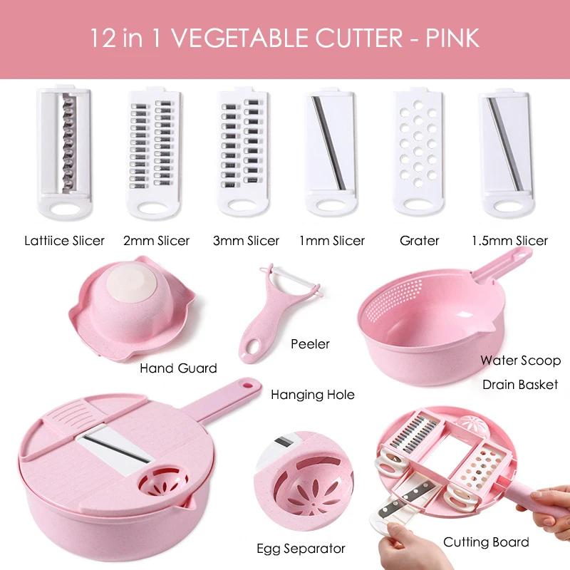 

12 Functions Vegetable Chopper Carrots Potatoes Grater Vegetable Cutter Slicer Potato Peeler Manual Garlic Onion Chopper Kitchen рожевий