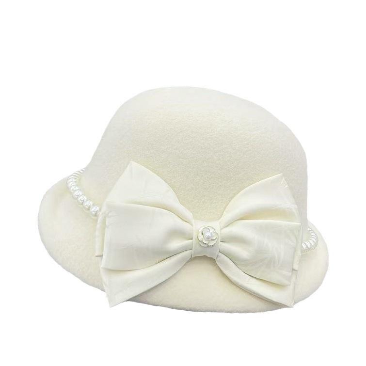 daughter elegant bow Australian wool white small pot hat top hat small fragrant felt hat upturned beret children