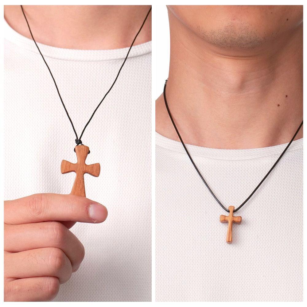 Hand-carved Cross Pendant Leather Rope Neckchain for Prayer Funny Cross Necklaces Church