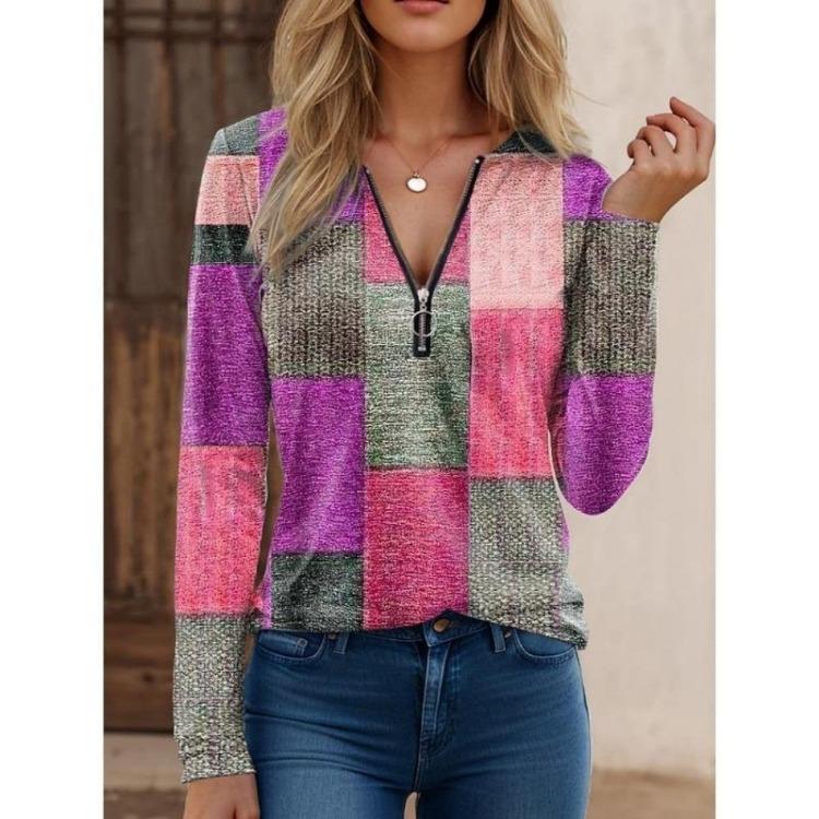 Women's Casual Loose V-Neck Zip Pullover Blouse Long Sleeve Printed Top Fashion Autumn