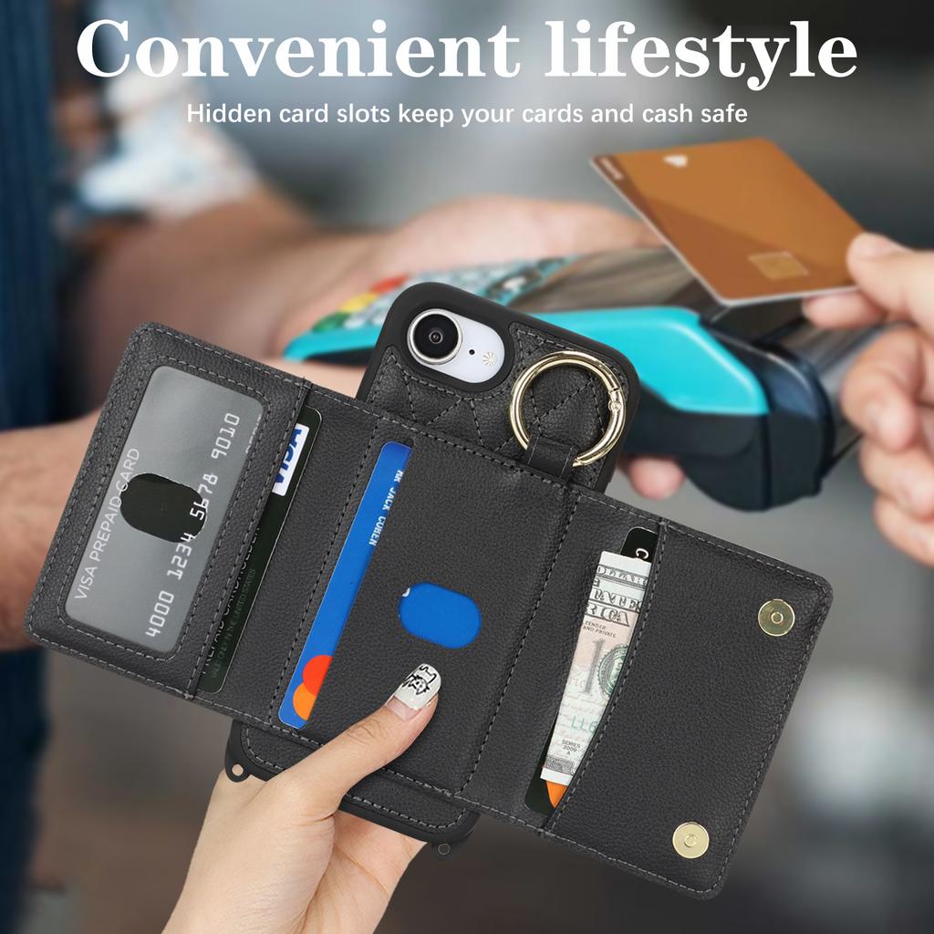 For iPhone 16e Case with Lanyard/Mirror/Card Holder Grids Pattern RFID Blocking Phone Cover