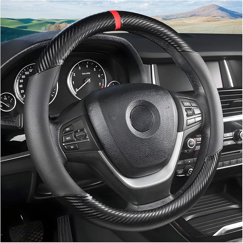 Car Steering Wheel Cover, 15 Inch Anti-Slip Steering Wheel Protector, Carbon Fiber & Microfiber PU Leather Steering Wheel Cover For Women And Men,