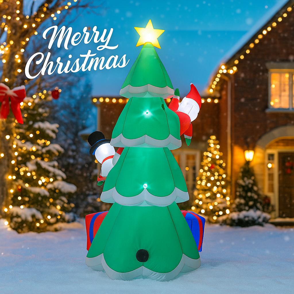 7.87FT Inflatable Toy Christmas Tree Decor Set Santa Snowman Gift Box Xmas Yard Ornament Supplies With LED Lit Xmas Festive Gift