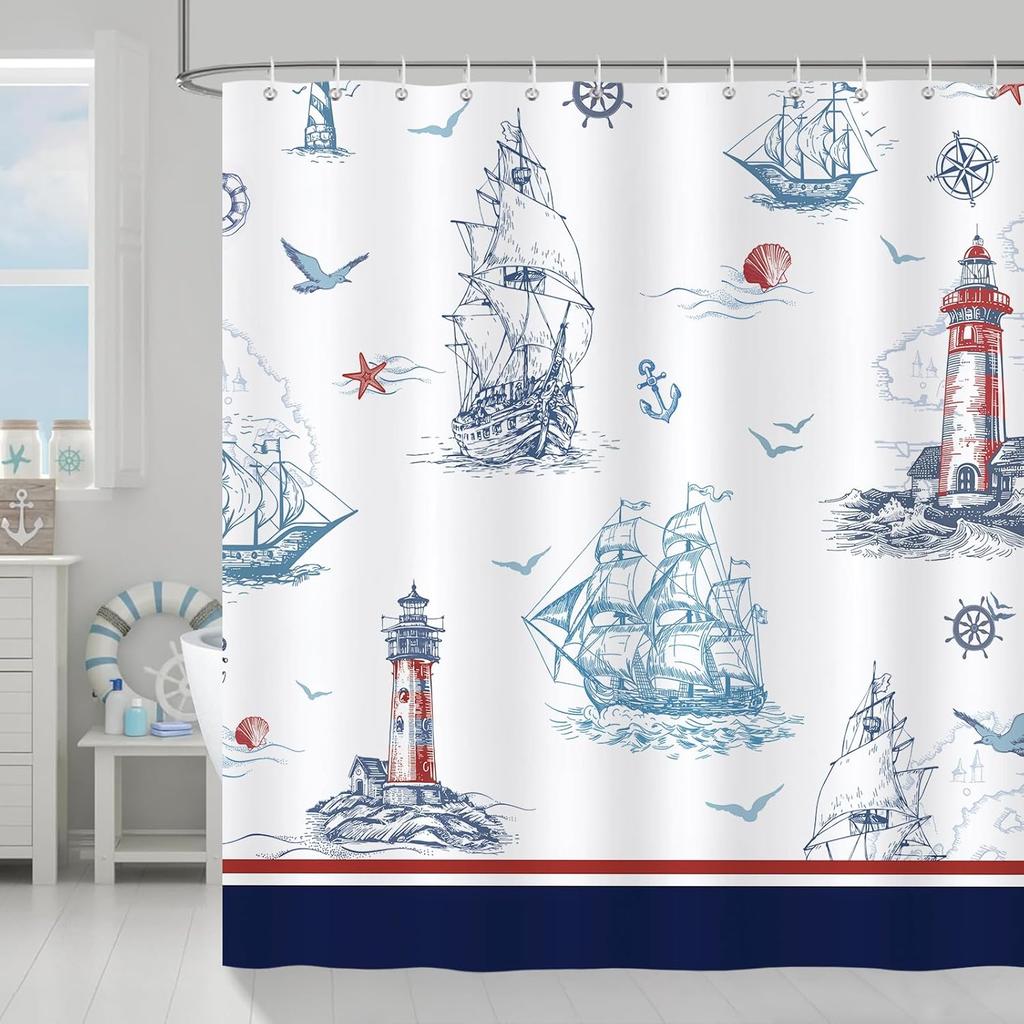 Nautical Theme Coast Sailing Lighthouse Blue Ocean Waterproof Washable Shower Curtain with 12 Hooks Bathroom Shower Curtain