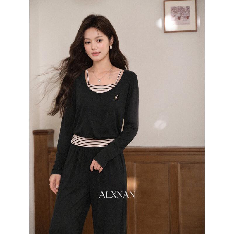 Luxiangnan Women's Faux-Layered Striped Long-Sleeve T-Shirt