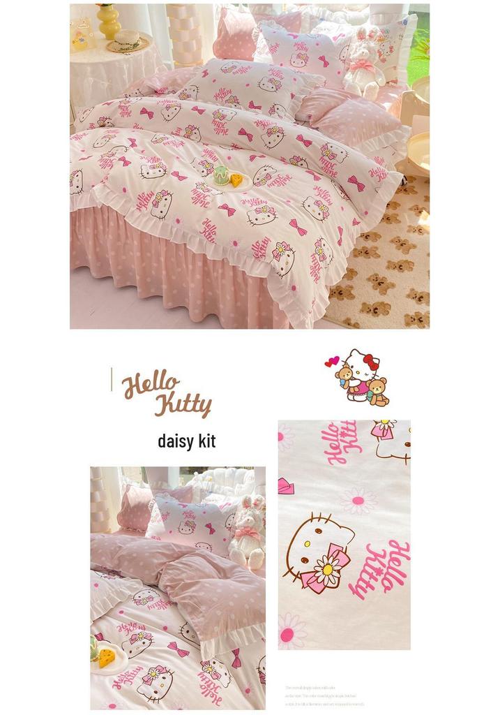 Official Sanrio Hello Kitty All-Cotton 4-Piece Bedding Set - Sheet, Pillowcase & Bed Skirt for Dorms