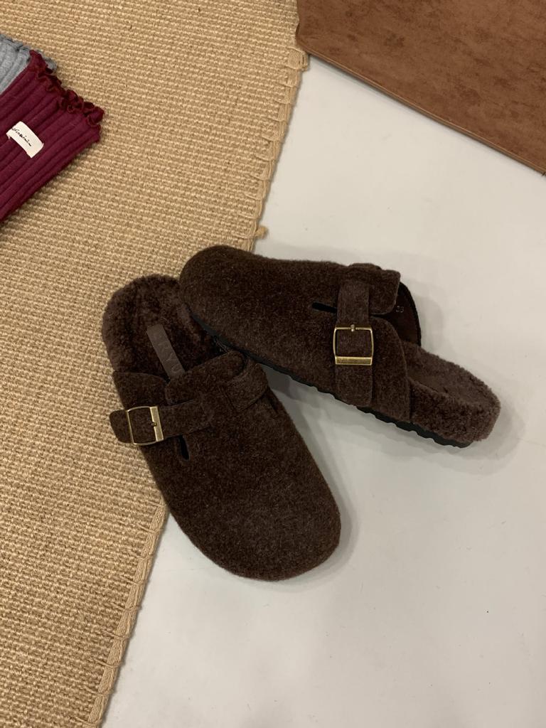 Thick-soled Birkenstock Wool Shoes 2025 Autumn and Winter Korean Version One-word Fluffy Slippers Women Wear Flat-soled Birkenstock Velvet Cotton Shoe