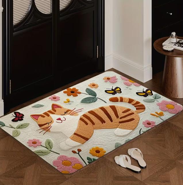 

Charming Black Cat Welcome Mat Soft Flannel Modern Minimalist Style with Colorful Leaf Patterns Carpets 40cm x 60cm