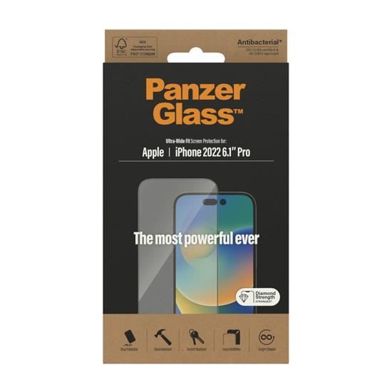 Verre de protection - PanzerGlass - iPhone 14 Pro - Verre trempé - Résistant aux rayures - Protection anti-chocs