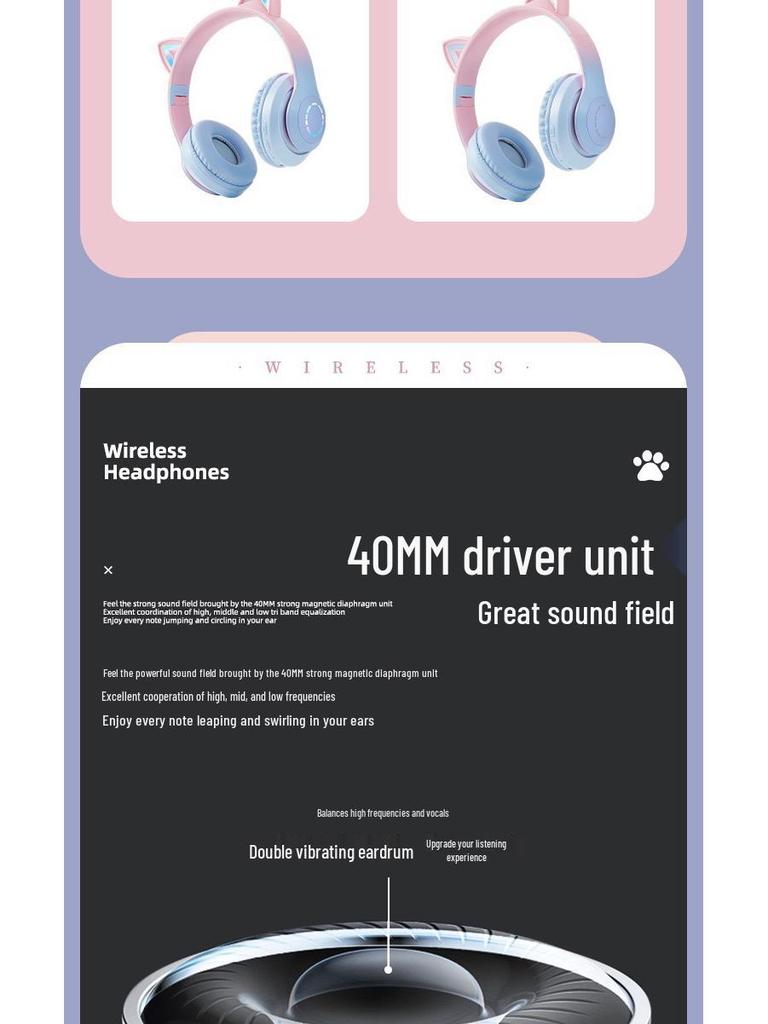 Gradient Color Bluetooth Over-Ear Headphones with LED and Card Slot for Sports