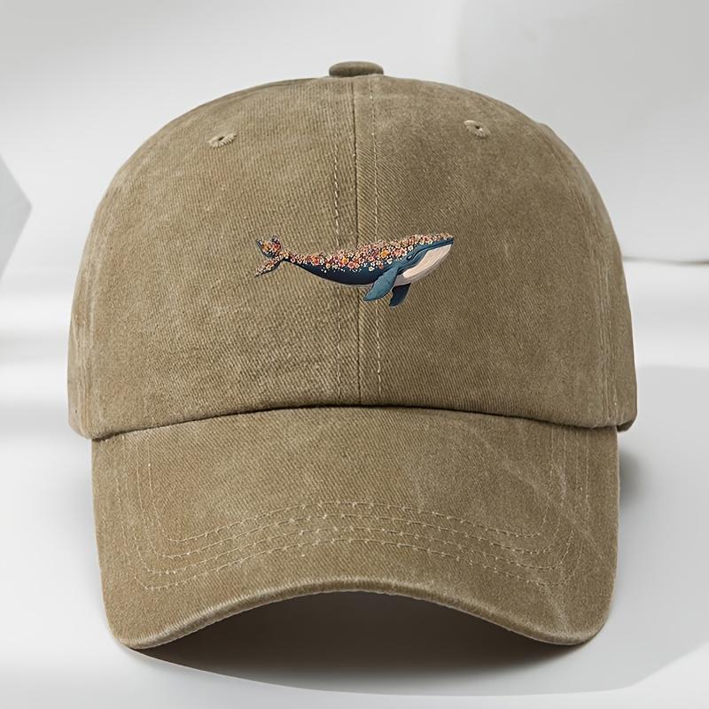 MenS Adjustable Floral Whale Baseball Cap  Black Outdoor Casual Hat with Vibrant Marine Design Machine Washable